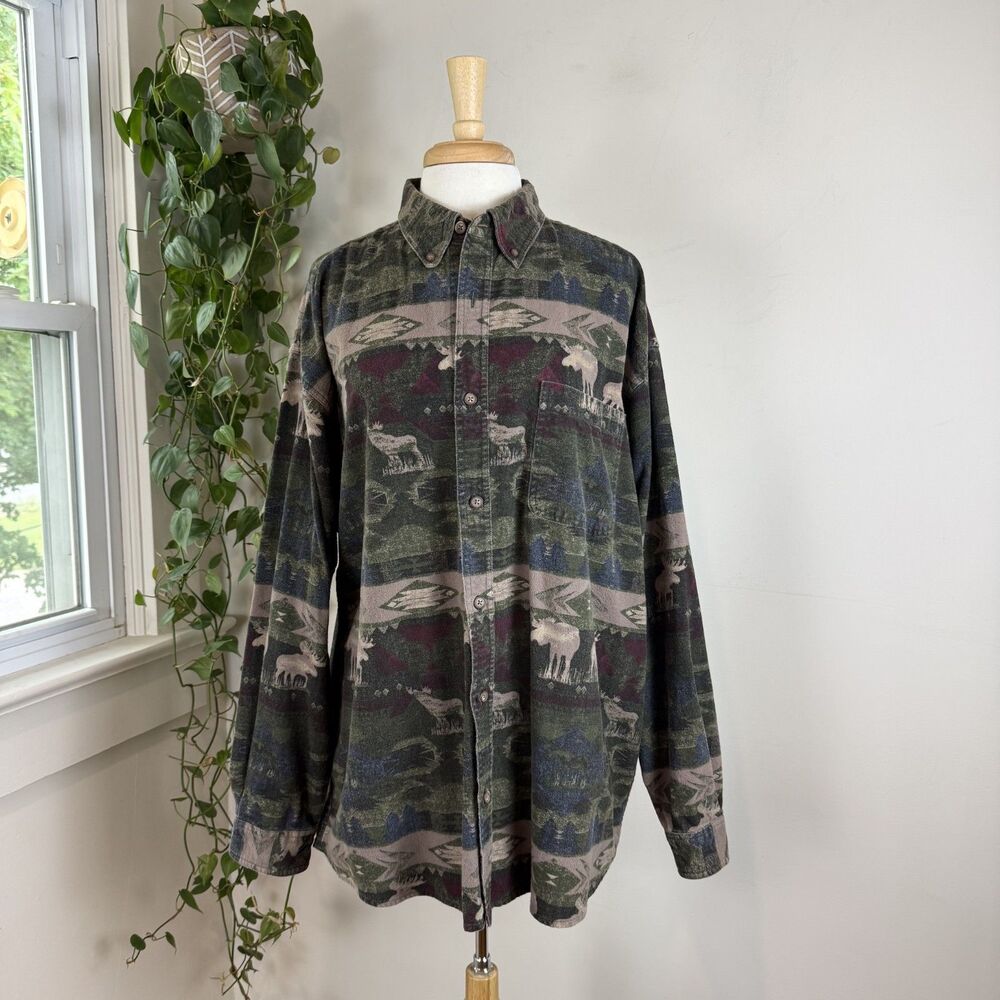 Vintage Woods & Water Southwestern Aztec Moose Flannel Button Up Shirt, XXL